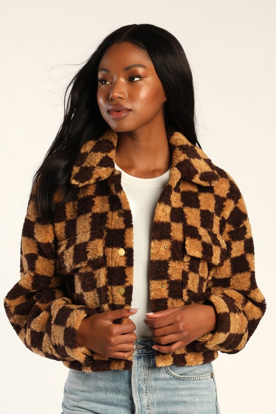 Lulus On My Checklist Tan And Brown Checkered Cropped Teddy Jacket