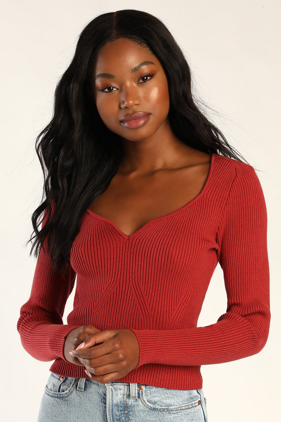 Ribbed Sweater Top - Red Ribbed Top - Notched Top - Sweater Top - Lulus