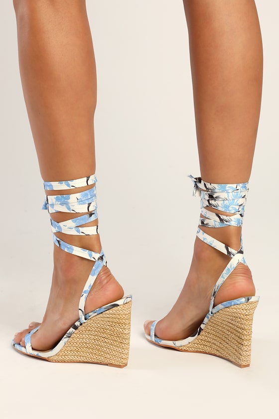 Gulee Blue Floral Lace-Up Espadrille Wedge Sandals 7