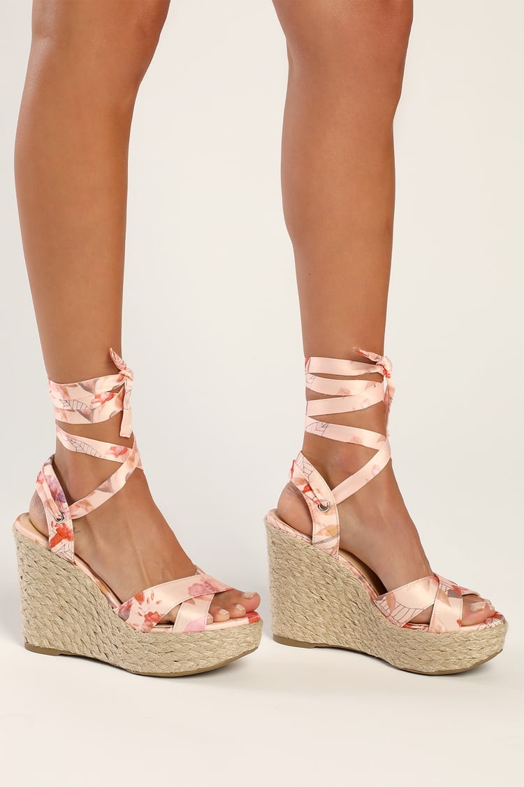 Pink Floral Wedges - Espadrille Wedges - Lace-Up Wedges - Lulus