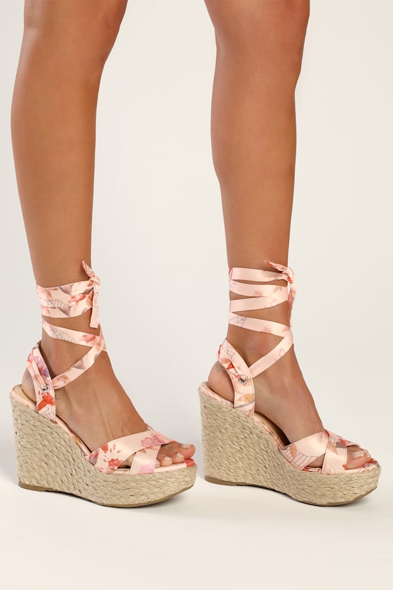 Esme Pink Floral Lace-Up Espadrille Wedges 6