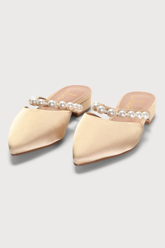 Hershie Champagne Satin Pearl Pointed-Toe Mule Slides 3