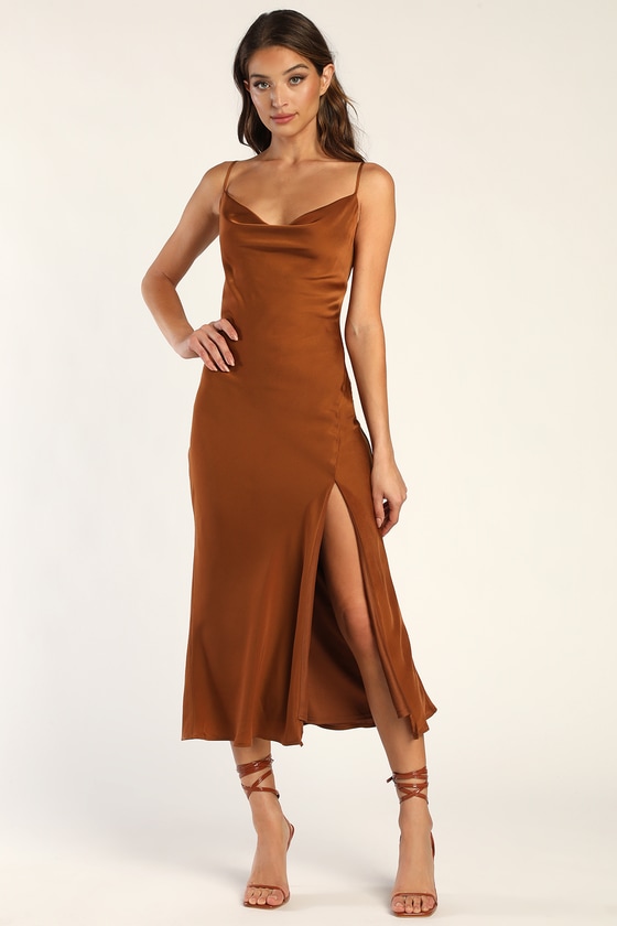 Lulus Romance Starter Brown Satin Cowl Neck Midi Slip Dress