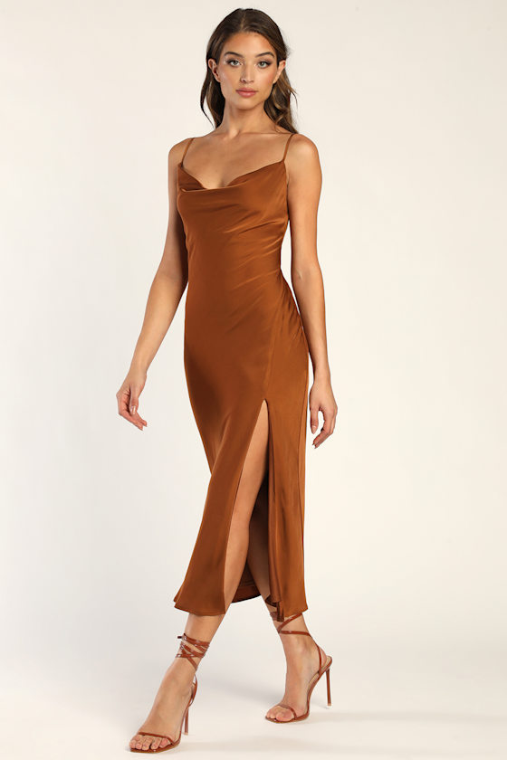 Romance Starter Brown Satin Cowl Neck Midi Slip Dress 3