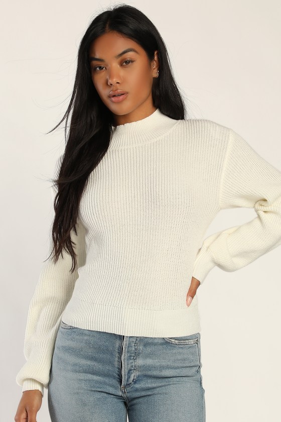 Lulus Falling For Autumn Ivory Knit Mock Neck Sweater Top In White
