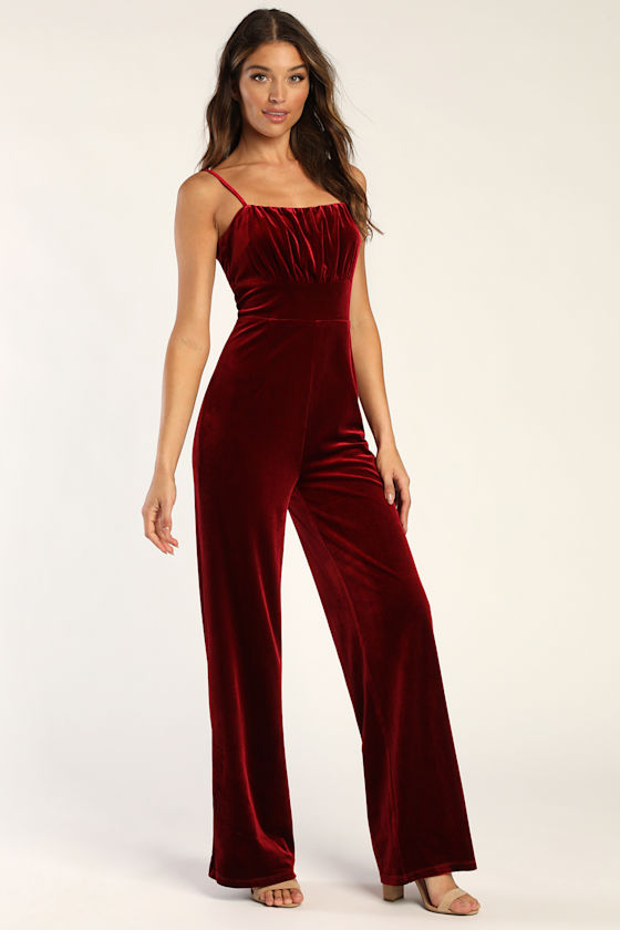Romantic Cutie Burgundy Velvet Sleeveless Wide-Leg Jumpsuit 3