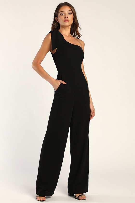 Lulus Loveliest Style Black One-shoulder Wide-leg Jumpsuit