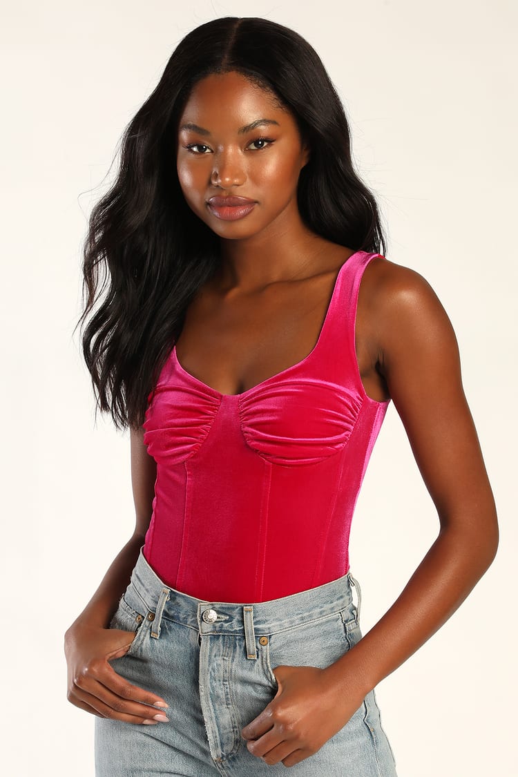 Pink Bodysuit - Velvet Bodysuit - Bustier Top - Corset Bodysuit