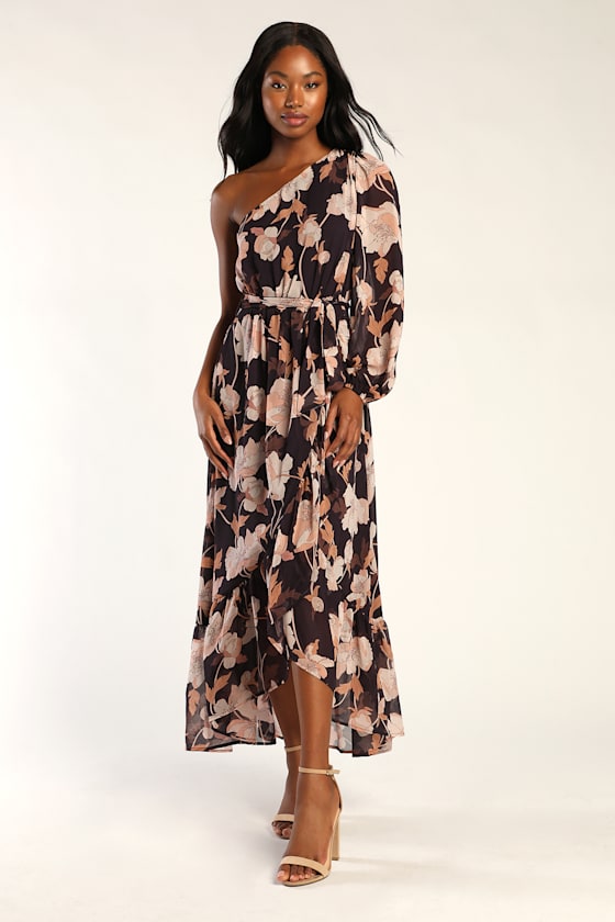 Floral Romance Brown and Pink Floral One-Shoulder Midi Dress 5