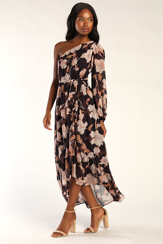 Floral Romance Brown and Pink Floral One-Shoulder Midi Dress 1