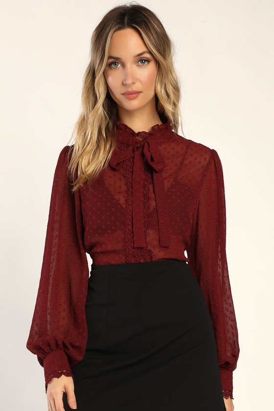 Lacy Burgundy Top - Long Sleeve Top - Blouse with Bow - Sheer Top - Lulus