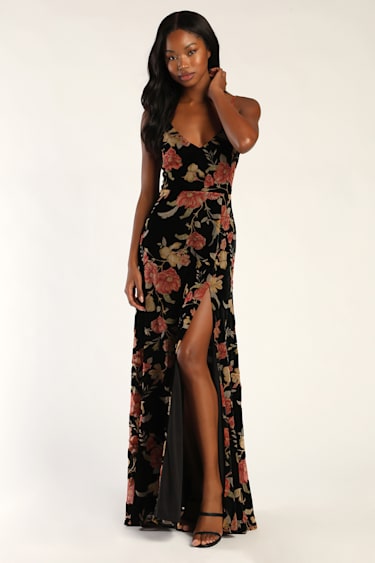 Black Velvet Dress Burnout Floral Dress Sleeveless Maxi Dress