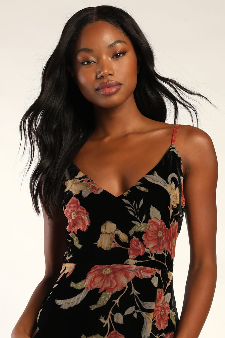 Alluring Blooms Black Floral Burnout Velvet Maxi Dress