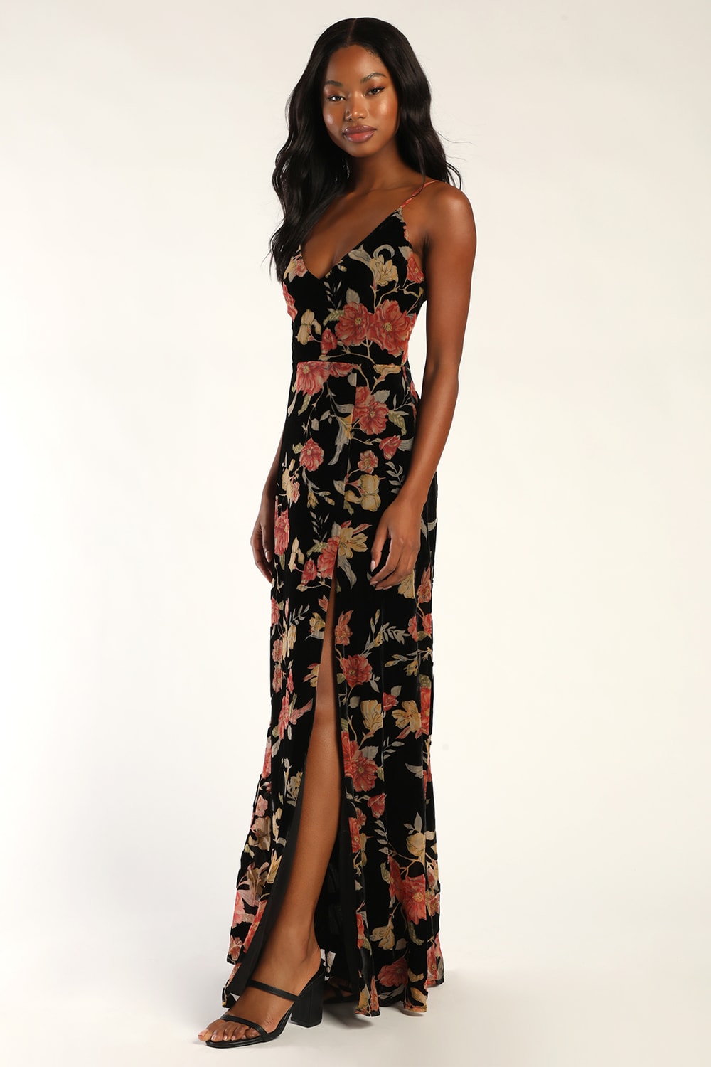 Alluring Blooms Black Floral Burnout Velvet Maxi Dress