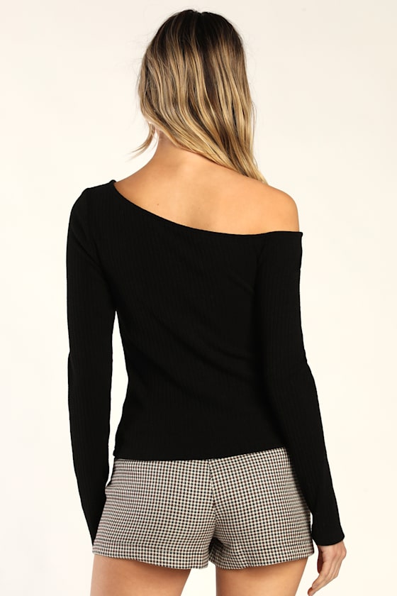 Popular Babe Black Ribbed Knit Asymmetrical Long Sleeve Top - thumbnail 4