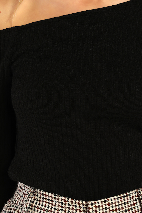 Popular Babe Black Ribbed Knit Asymmetrical Long Sleeve Top - thumbnail 5