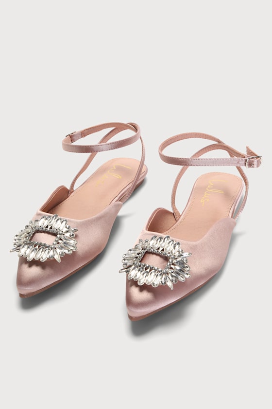 Novelta Rose Gold Satin Rhinestone Ankle Strap Pointed-Toe Flats 3