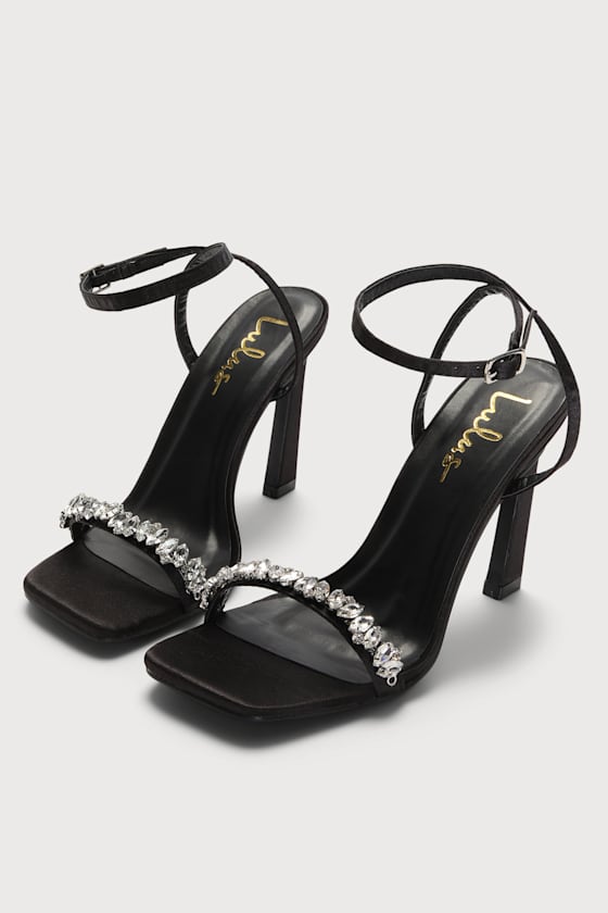 Goldiena Black Satin Rhinestone Ankle Strap Heels 2