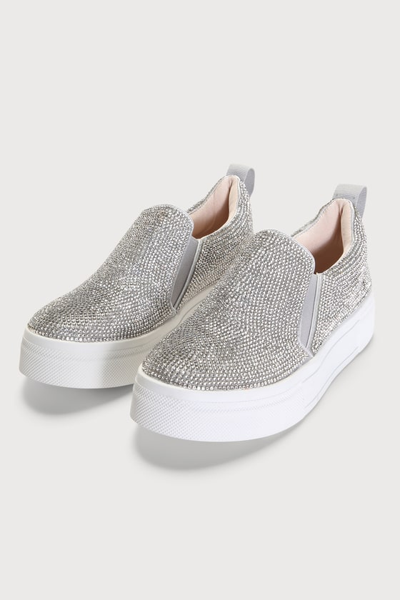Silver Rhinestone Sneakers - Flatform Sneakers - Slip-On Sneakers - Lulus