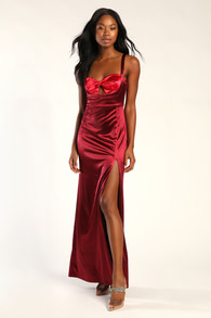 Gorgeous Arrival Burgundy and Red Color Block Satin Maxi Dress