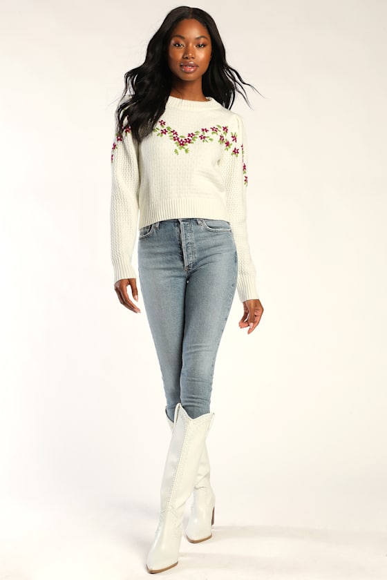 Charm You Ivory Floral Embroidered Sweater 3