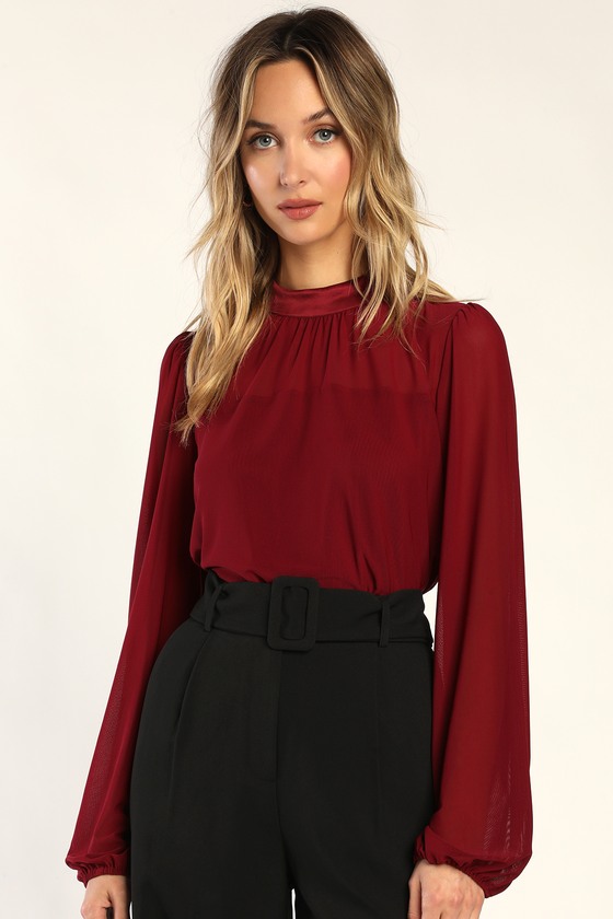Wine Red Bodysuit - Mesh Bodysuit - Long Sleeve Bodysuit - Lulus