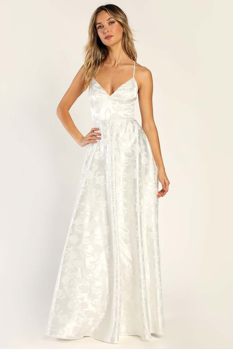 White Satin Maxi Dress - Jacquard Maxi Dress - A-Line Satin Dress  