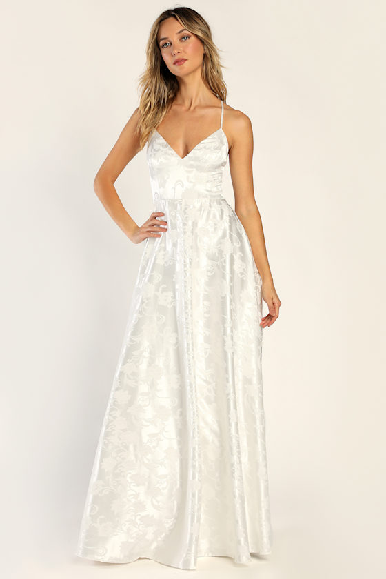 Dreaming About Forever White Satin Floral Jacquard Maxi Dress 2