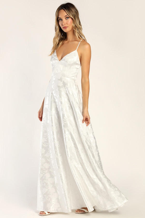 Dreaming About Forever White Satin Floral Jacquard Maxi Dress 4