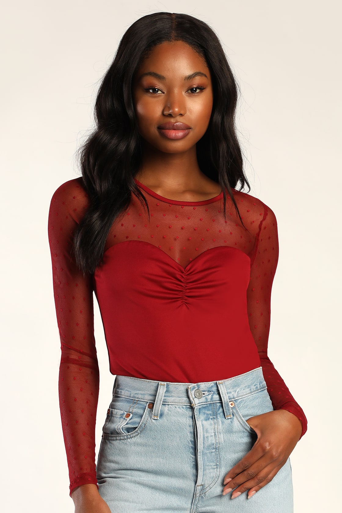 Wine Red Bodysuit - Swiss Dot Bodysuit - Mesh Bodysuit - Bodysuit - Lulus