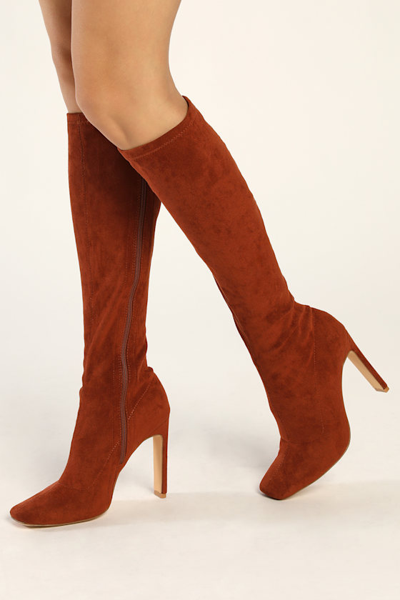 Loriah Rust Red Suede Square Toe Knee High Boots 1