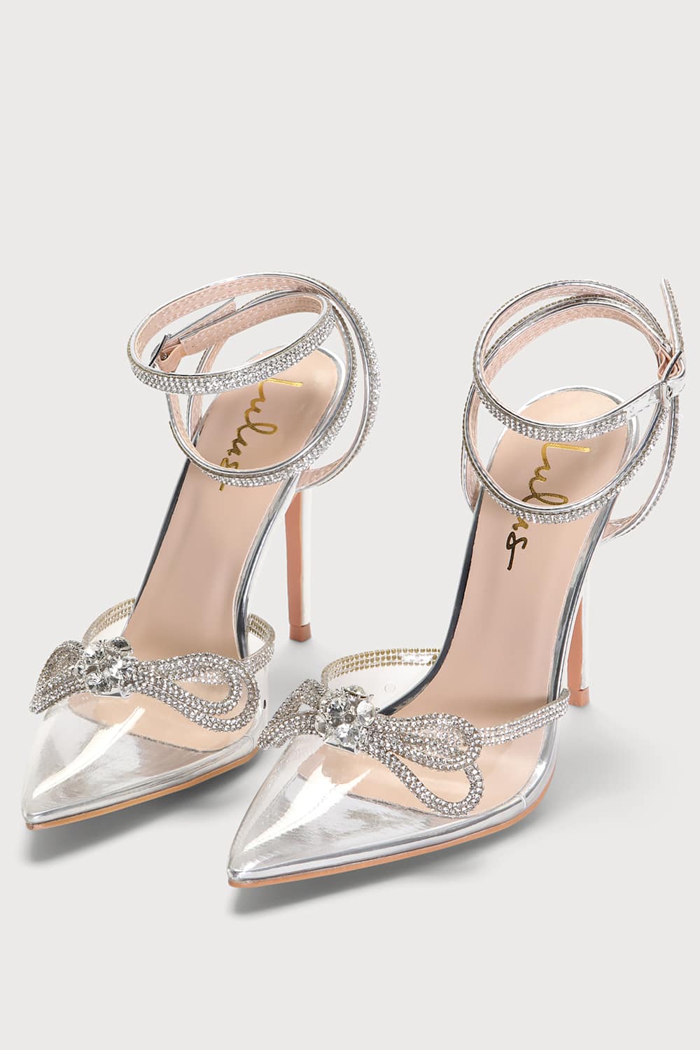 Lullie Silver Vinyl Rhinestone Ankle Strap Pointed-Toe Pumps