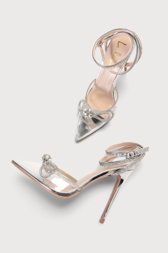 Silver Rhinestone Heels - Vinyl Pumps - Ankle Strap Pumps - Image 4