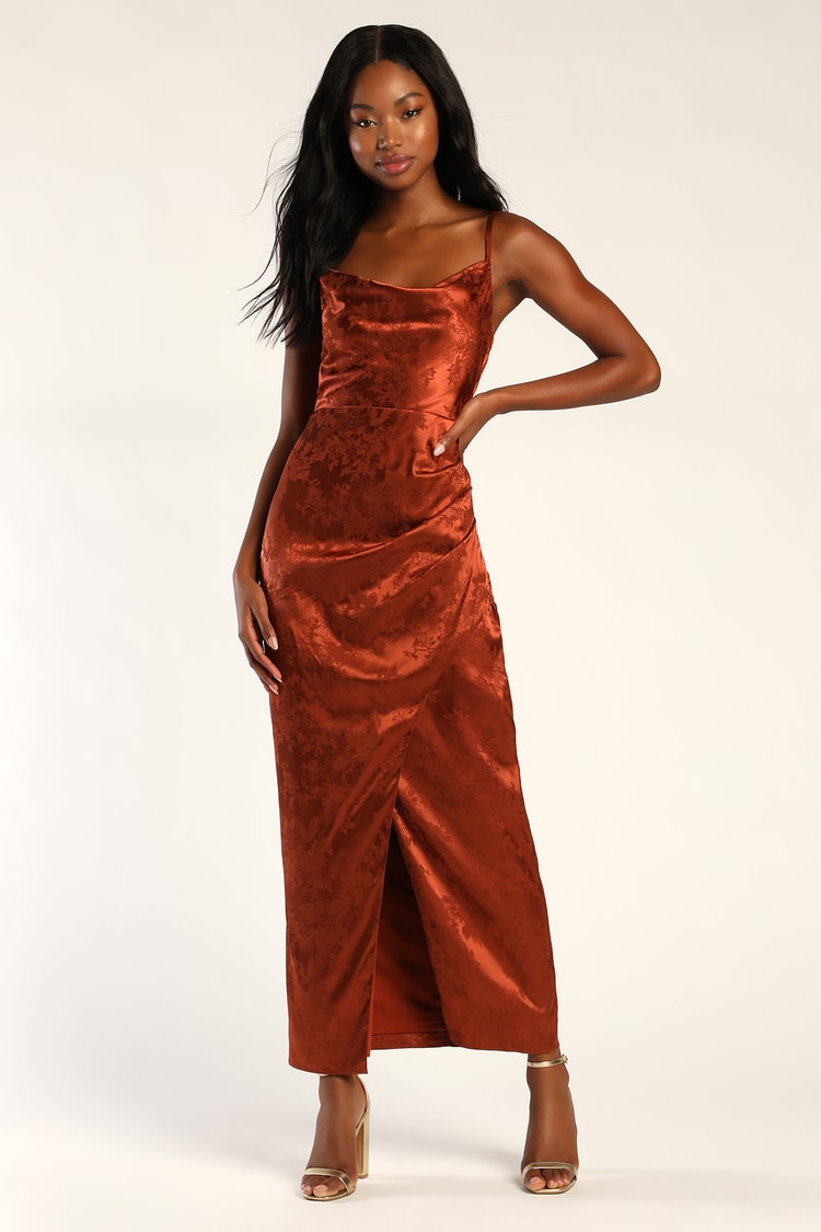 Under the Moonlight Rust Orange Satin Jacquard Maxi Dress