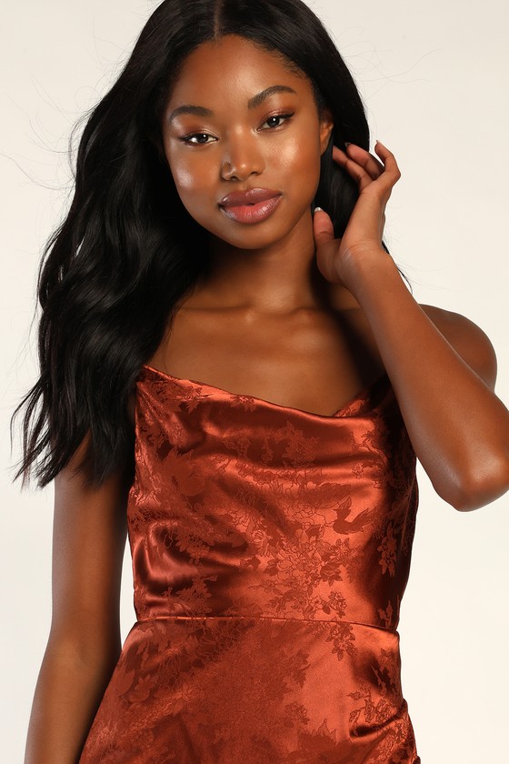 Under the Moonlight Rust Orange Satin Jacquard Maxi Dress