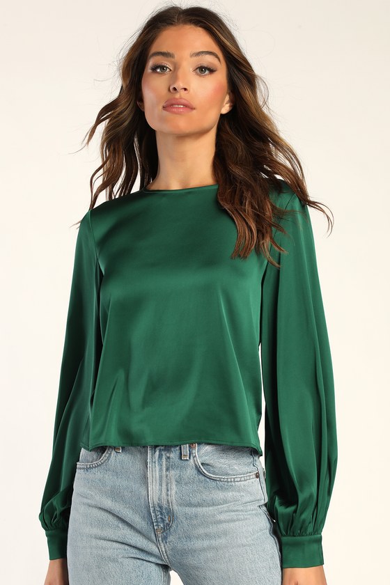 Emerald Green Satin Top - Long Sleeve Blouse - Chic Satin Blouse - Lulus