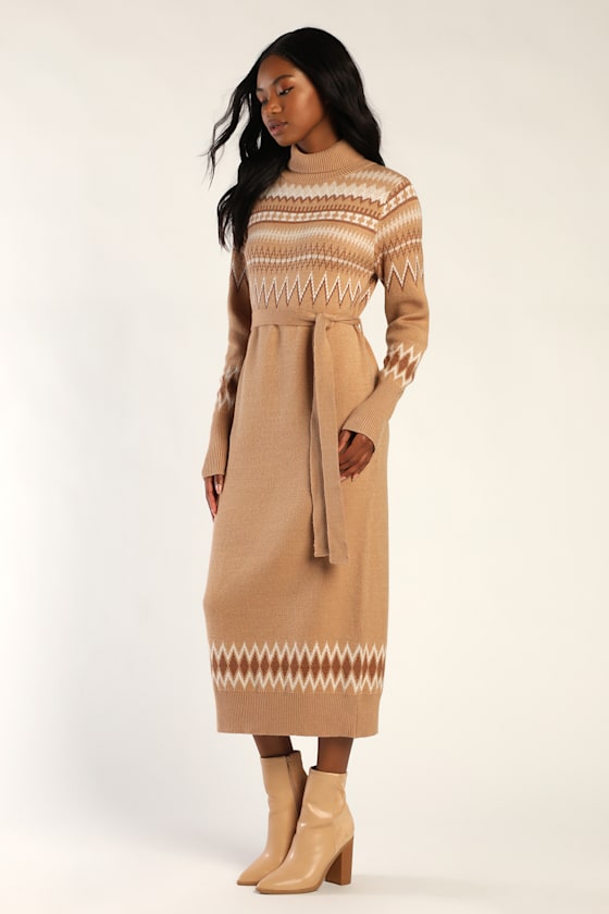Chilly Forecast Tan Multi Knit Turtleneck Sweater Midi Dress 4