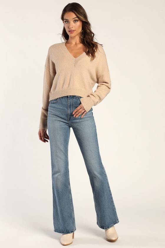 Cropped Beige Sweater - Long Sleeve Sweater Top - V-Neck Sweater