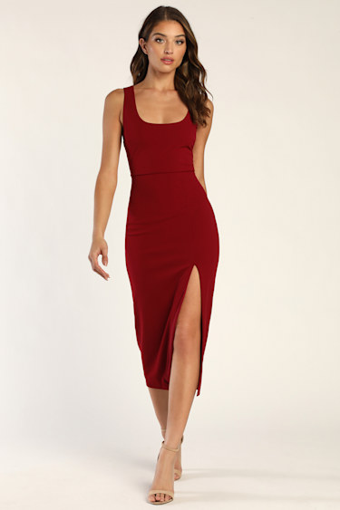 Sultry Elegance Wine Red Cutout Bodycon Midi Dress