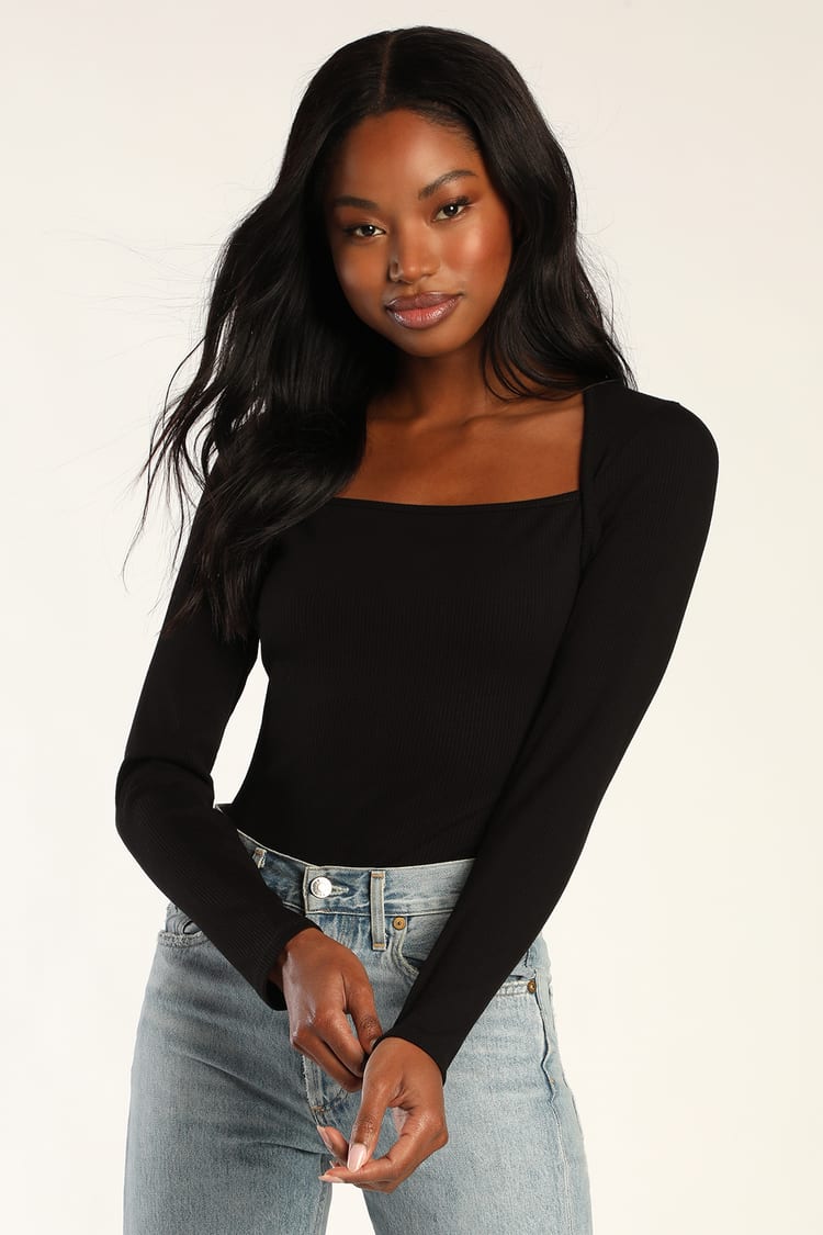 Black Ribbed Top - Black Bodysuit - Black Long Sleeve Bodysuit - Lulus