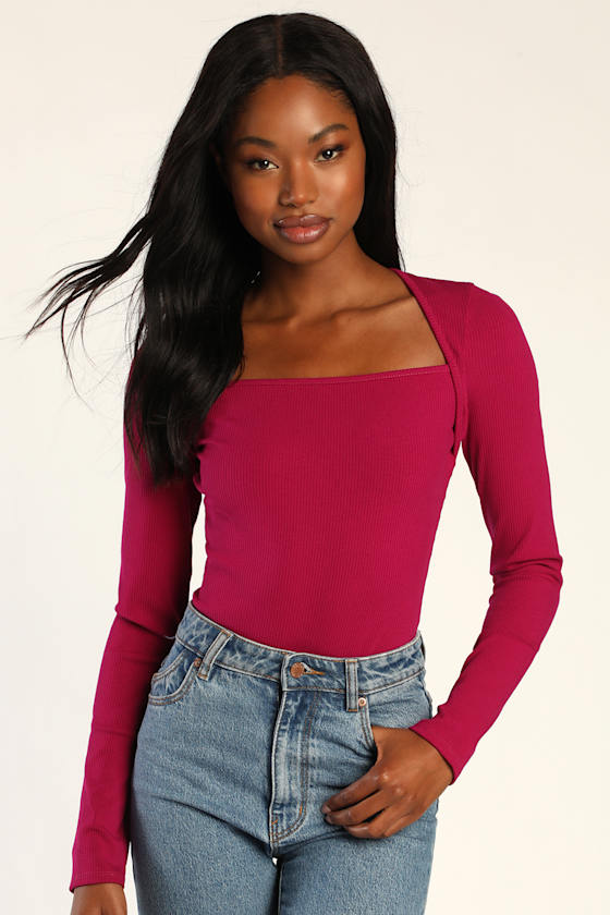 Magenta Ribbed Top Purple Bodysuit Long Sleeve Bodysuit Lulus