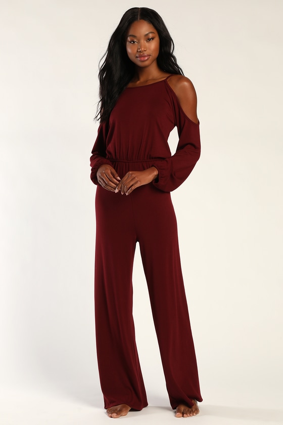 Lulus Looking To Snuggle Burgundy Cold Shoulder Lounge Jumpsuit