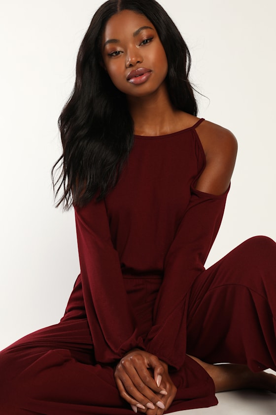 Looking to Snuggle Burgundy Cold Shoulder Lounge Jumpsuit 2