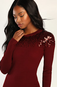 Snow Stopper Burgundy Ribbed Sequin Mini Sweater Dress 4