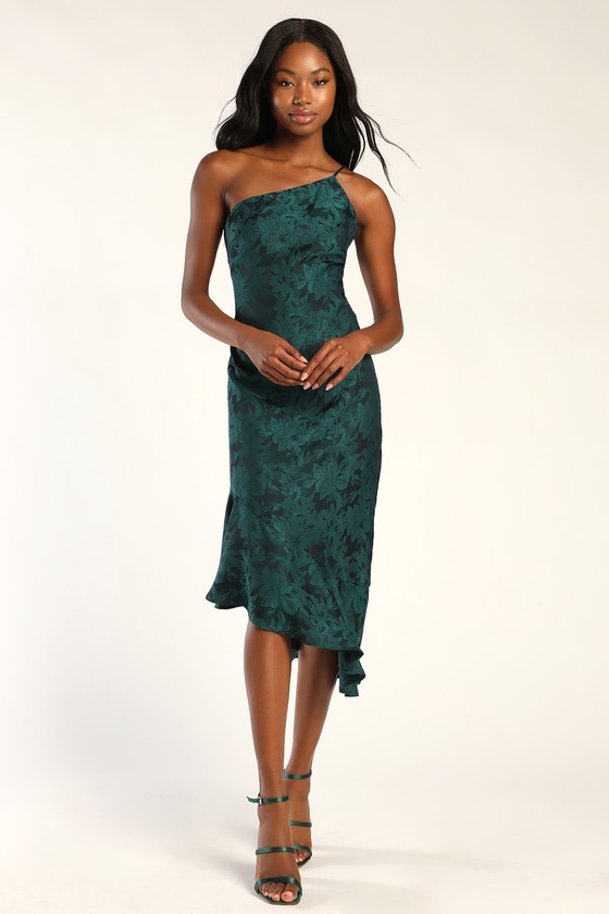 Lulus Sweet And Stylish Emerald Floral Jacquard One-shoulder Midi Dres In Green