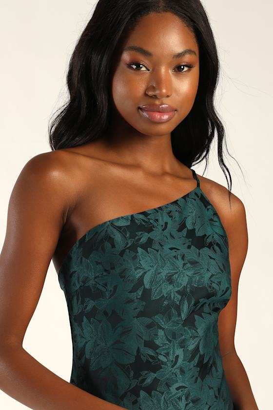 Emerald Floral Dress - One-Shoulder Dress - Asymmetrical