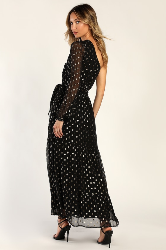 Black and Gold Maxi Dress - One Shoulder Dress - Clip Dot Dress - Lulus