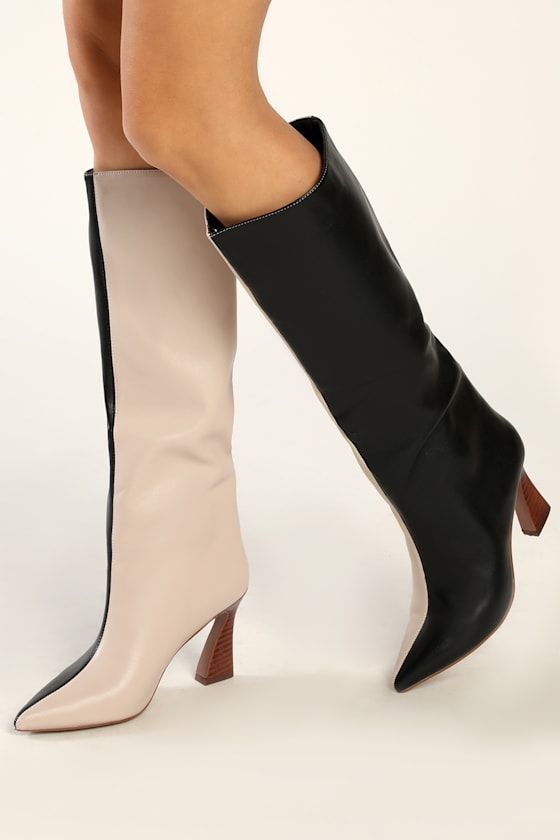 Funnn Black Multi Color Block Pointed-Toe Knee High Boots 2