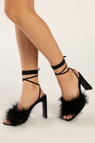 Rebeccaa Black Suede Feather Lace-Up High Heel Sandals