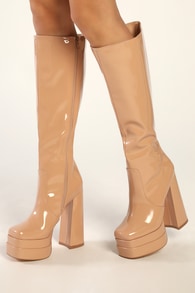 Brunay Light Nude Square Toe Platform Over-the-Knee Boots